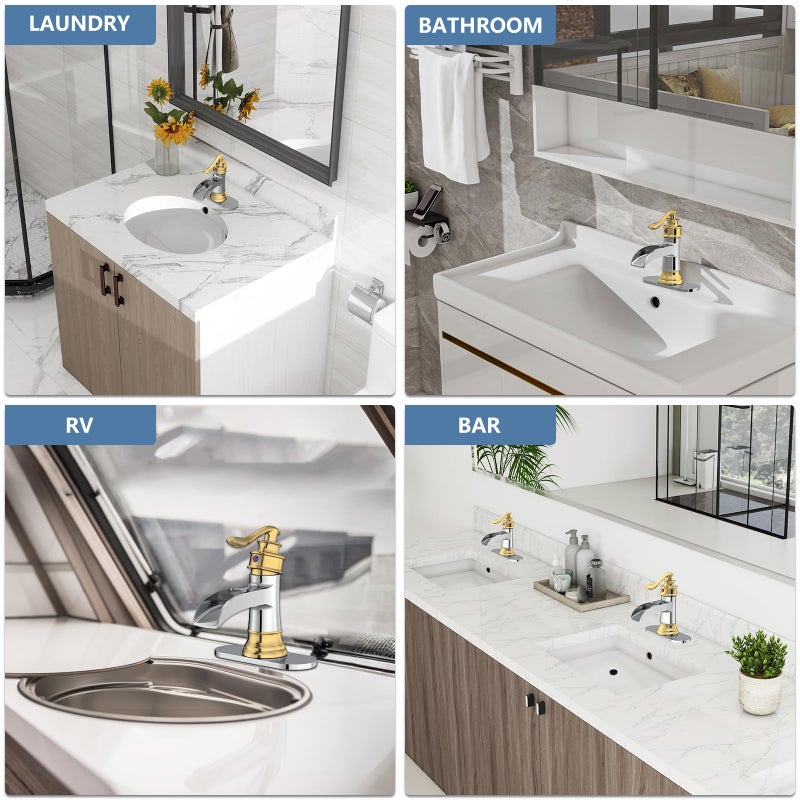 Homevacious Bathroom Faucet Waterfall Sink Faucets Bathroom Widespread Single Handle Chrome and Gold for 1 or 3 Holes Rustic Vanity Farmhouse with Pop-up Drain Deck Plate Hose - Image 3